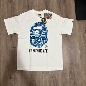 Bape White Tee with Blue Camo Ape Graphic